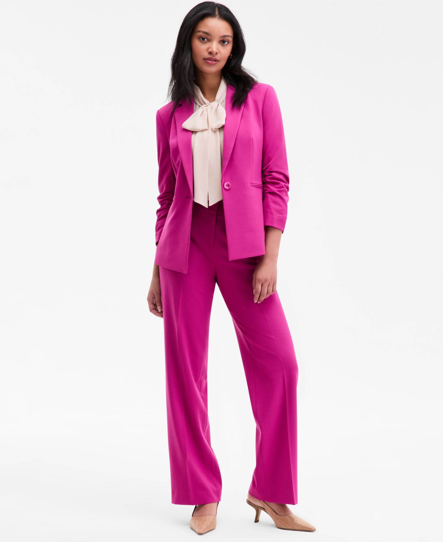 Women's Ruched-Sleeve One-Button Blazer