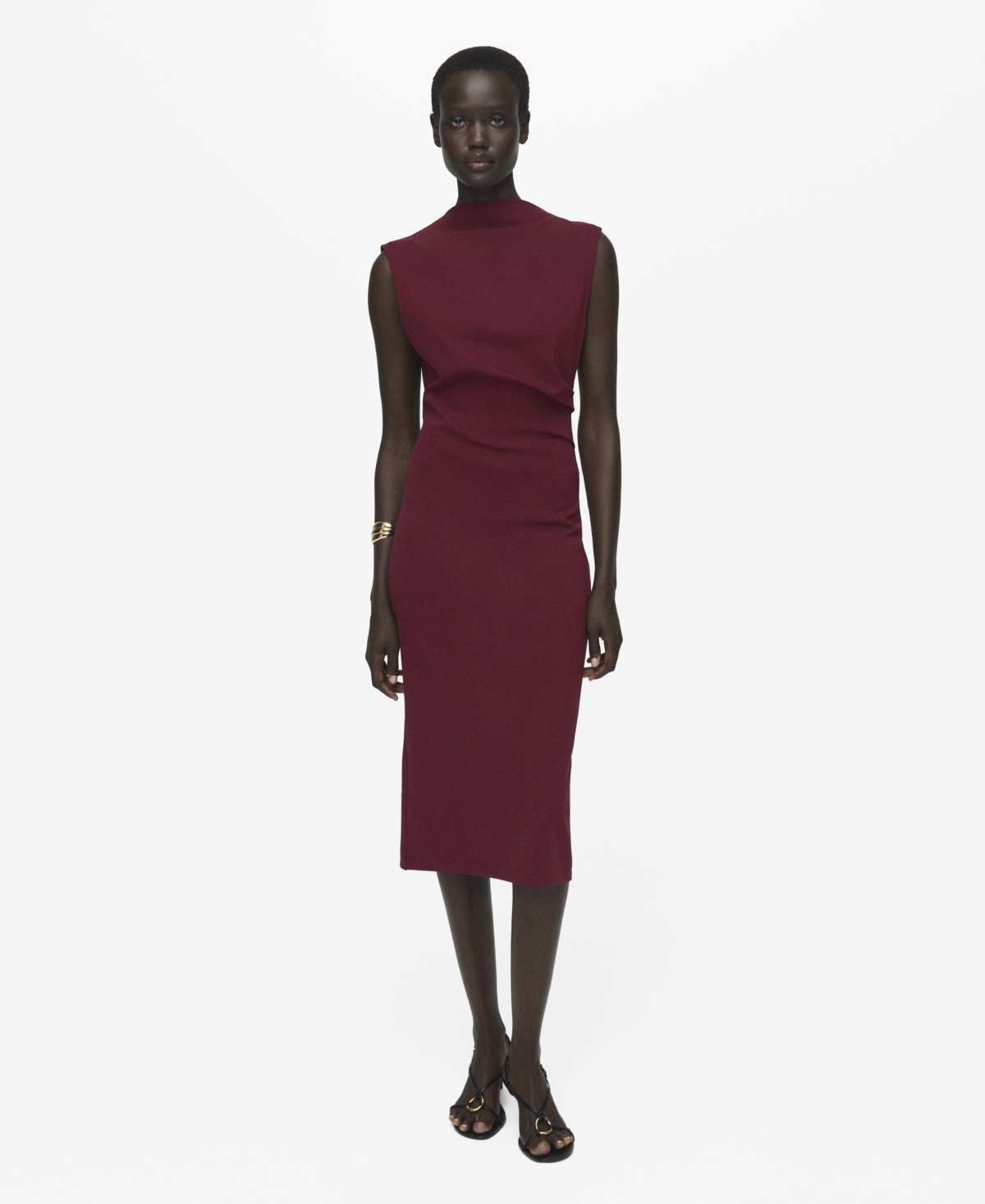 Mango Ruched Sleeveless Midi Dress In Red