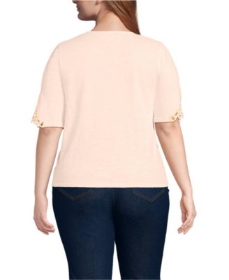 Plus Size Elbow Sleeve Slub Lace Trim T-Shirt
