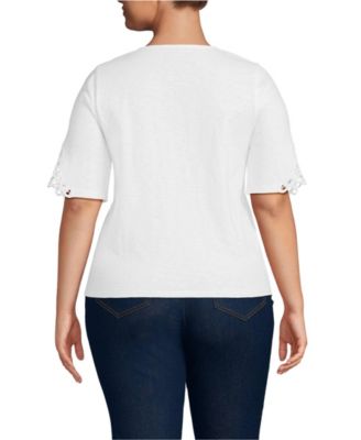 Plus Size Elbow Sleeve Slub Lace Trim T-Shirt