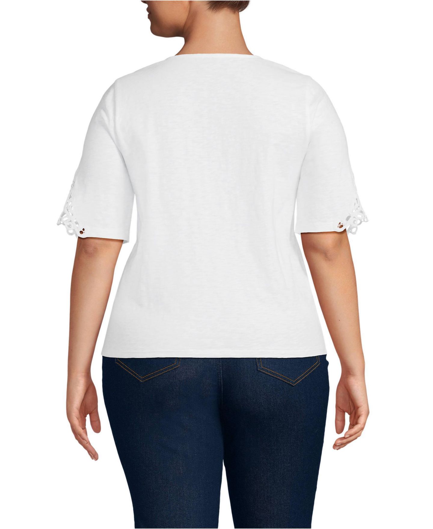 Женская футболка Lands' End Plus Size Elbow Sleeve Slub Lace Trim, цвет: Белый — фото 2