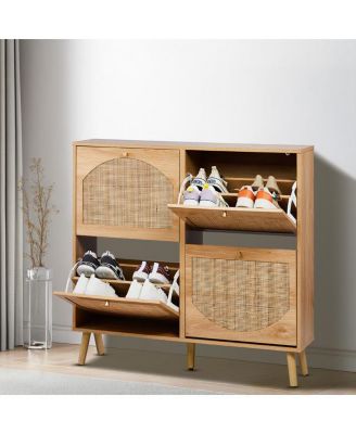 Shoe Cabinet with 2 Rows of 4 Dump Buckets High Feet Arched Rattan Surface