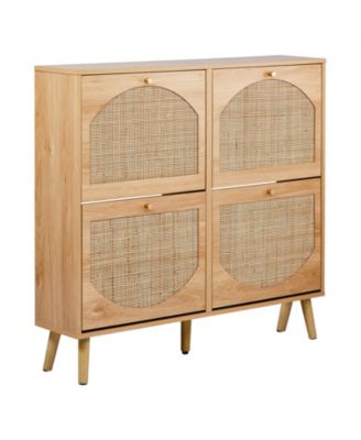 Shoe Cabinet with 2 Rows of 4 Dump Buckets High Feet Arched Rattan Surface