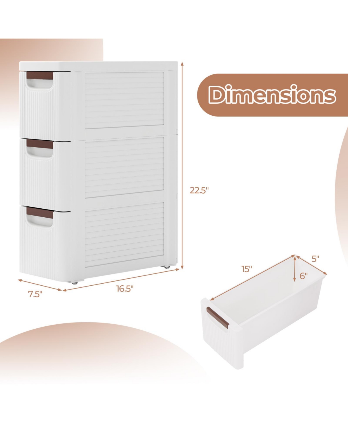3-Drawer Rolling Organizer Unit Narrow Storage Cabinet with Built-In Wheels for Small Space