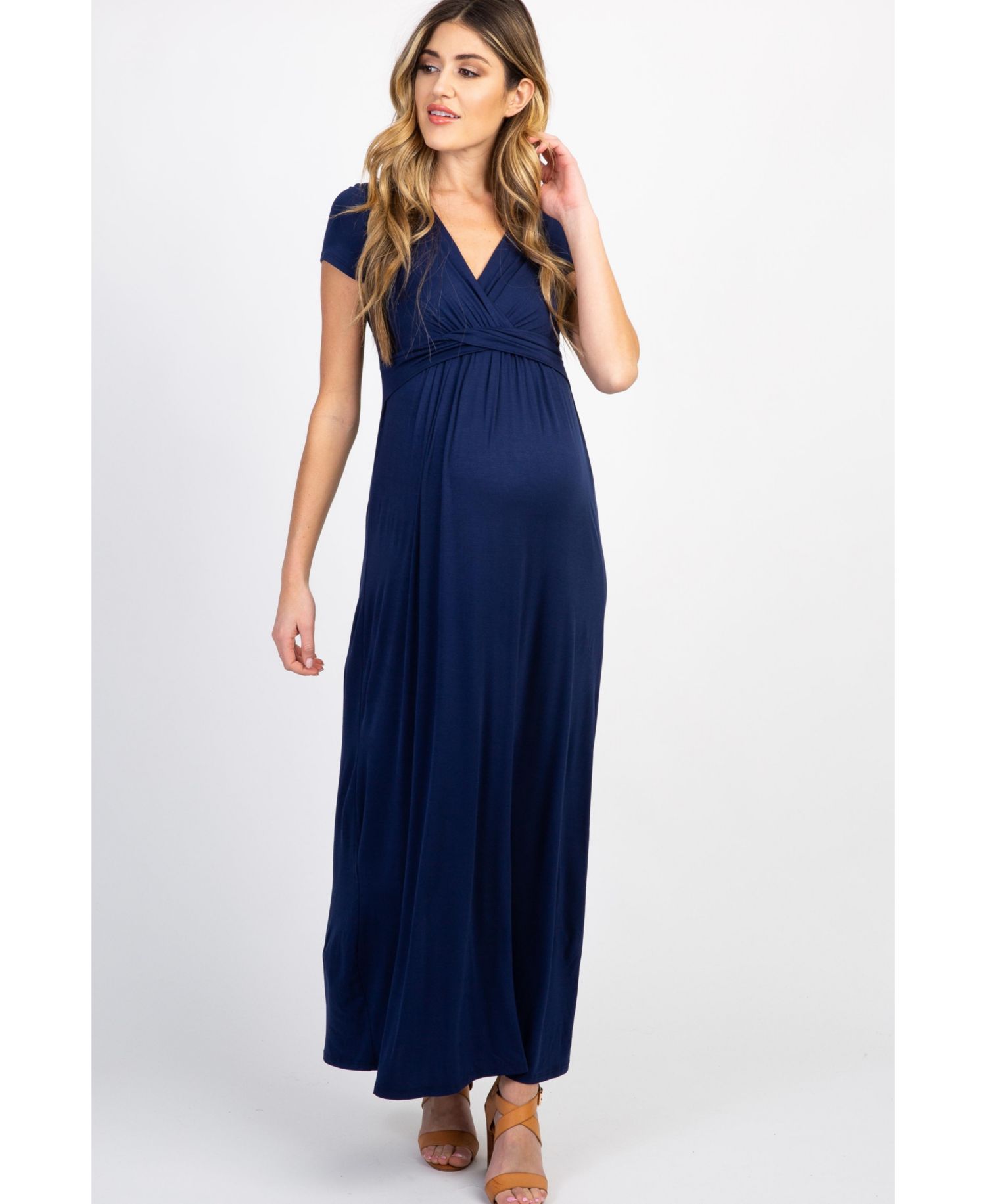 Women's Navy Draped Maternity/Nursing Maxi Dress