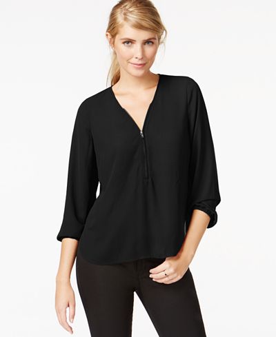 Maison Jules Three-Quarter-Sleeve Zip-Front Top, Only at Macy's - Tops ...
