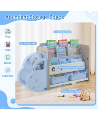 3-Tier Kids Toy Storage and Bookshelf with 2 Storage Boxes Decorative Car Head