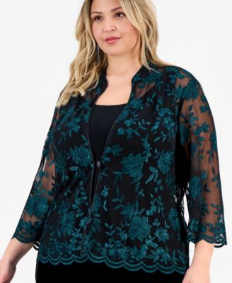Plus Size Embroidered 3/4-Sleeve Jacket & Sleeveless Top