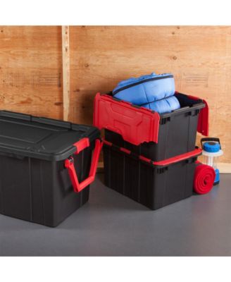 12 Gallon Hinged Lid Industrial Tote, Stackable Storage Bin, 6 Pack