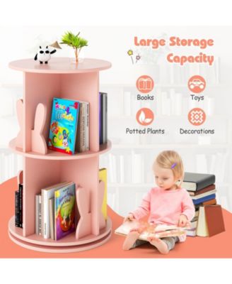 Kids Rotating Bookshelf 2 Tier Freestanding 360° Revolving Display Storage Rack Pink