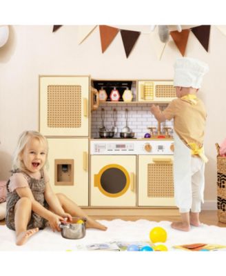 Wooden Kids Kitchen Playset Pretend Play Kitchen with Real Sounds Lights