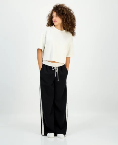 Petite Drawstring-Waist Side-Stripe Wide-Leg Pants - Deep Black