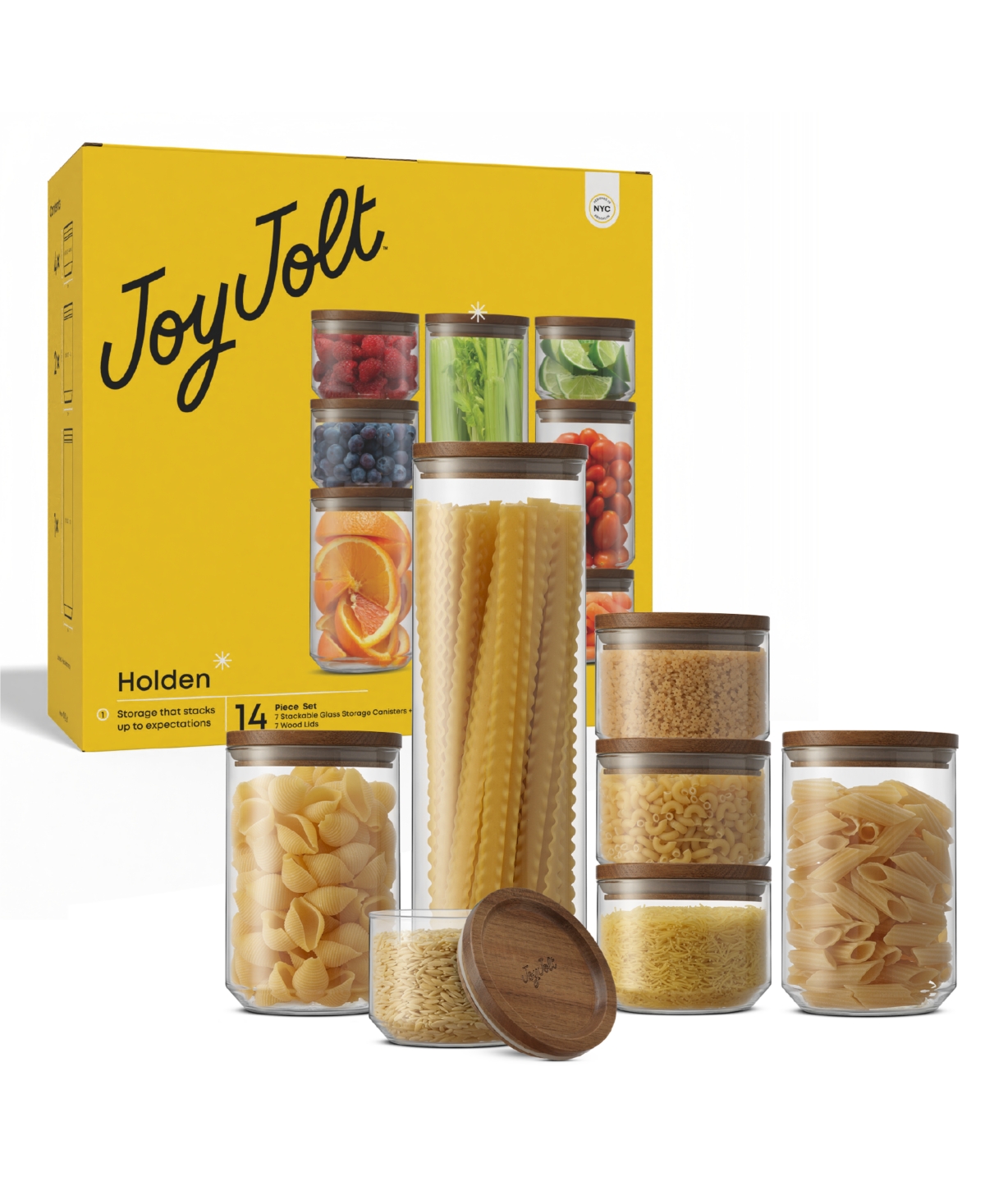 Joyjolt Holden 7-pc. Stackable Glass Storage Canister Set With Wood Lids In Transparent