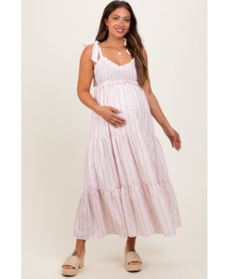 Maternity Floral Striped Smocked Shoulder Tie Maxi Dress