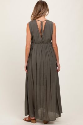 Olive Deep V-Neck Sleeveless Button Down Maternity Maxi Dress