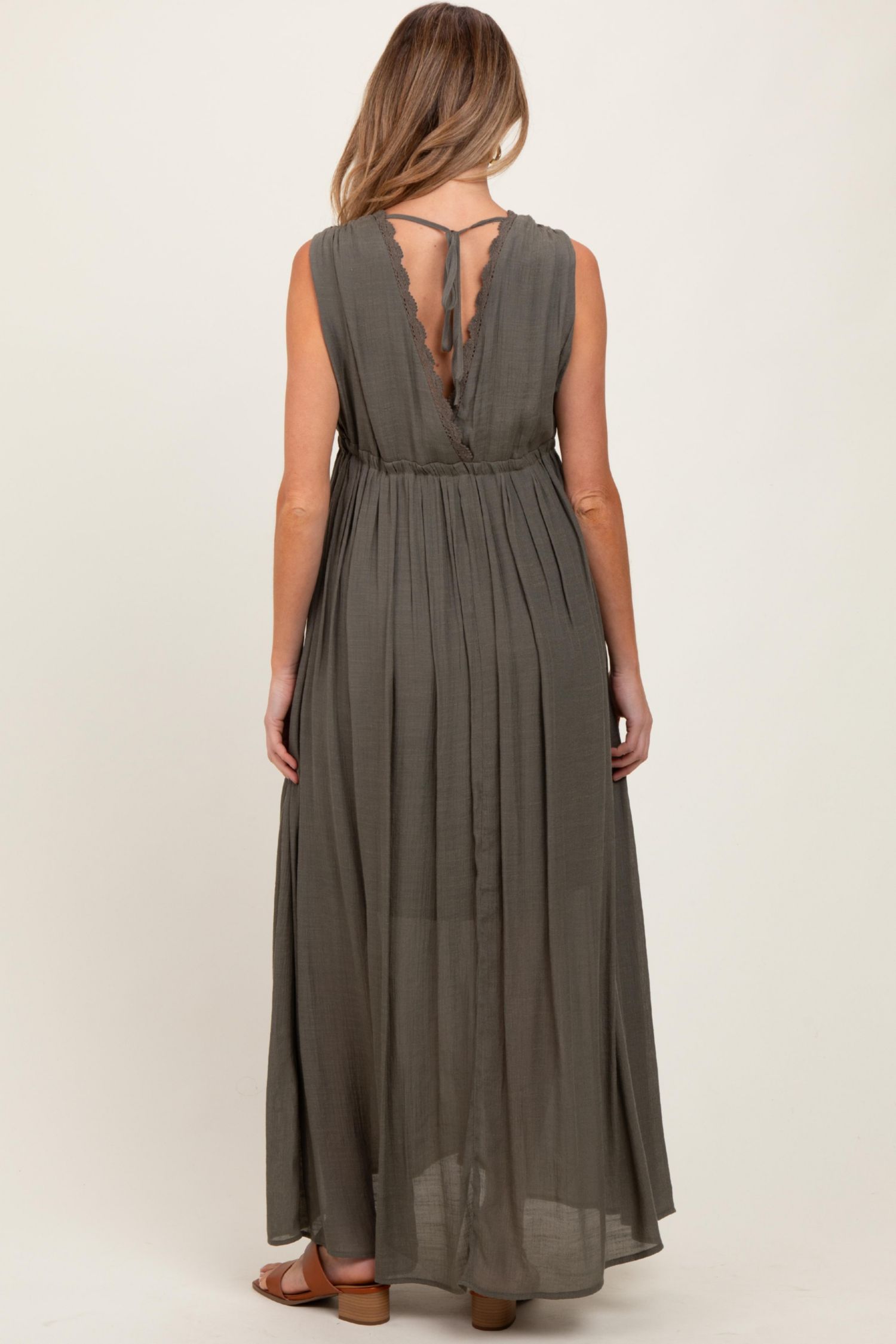 Women's Olive Deep V-Neck Sleeveless Button Down Maxi Dress