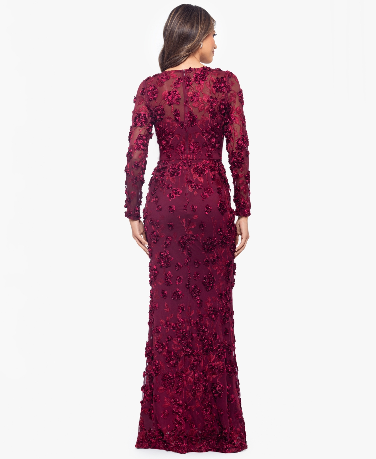 Xscape Petite Raised Flower Crewneck Long Gown Dress In Purple