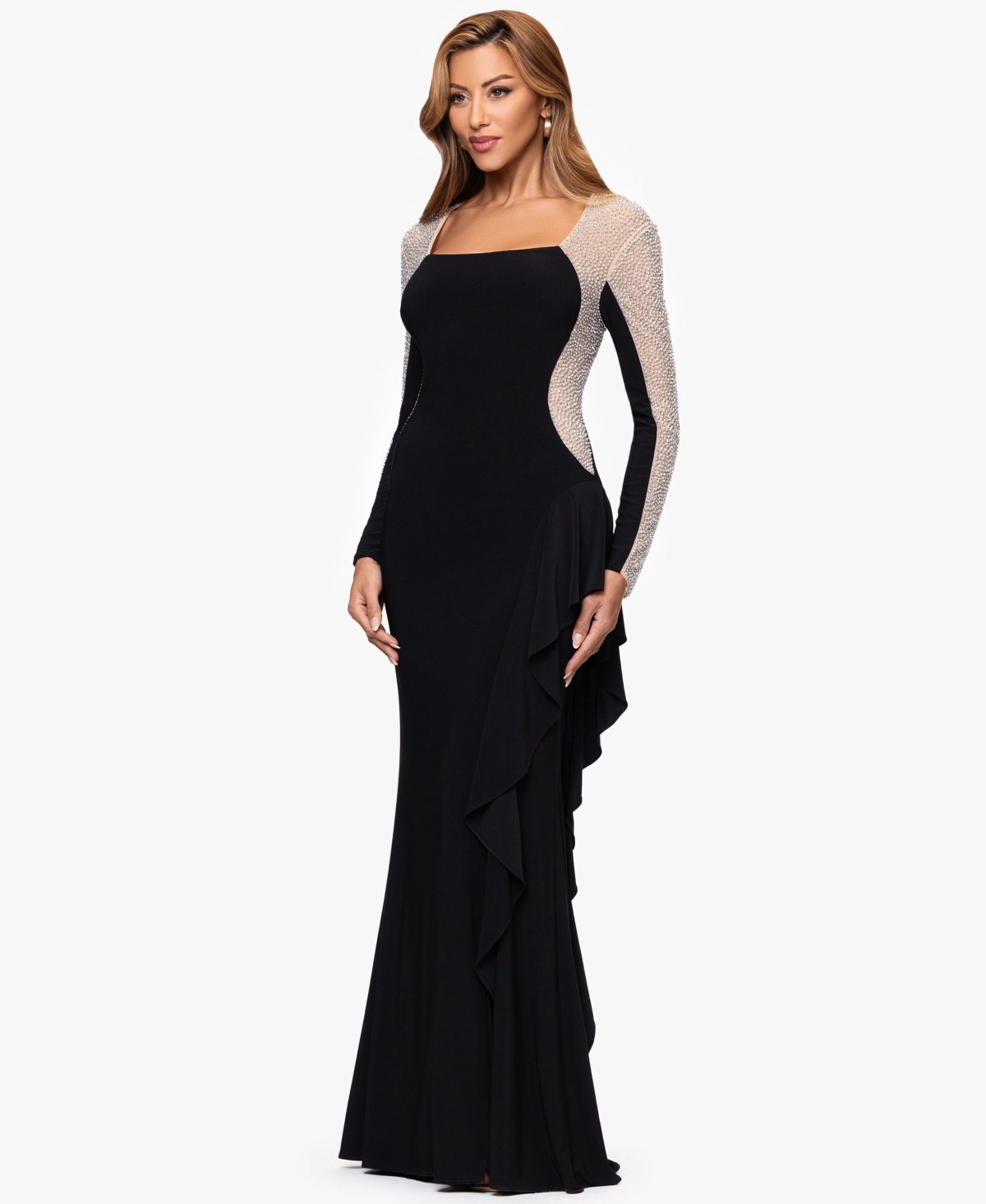 Xscape Petite Long Beaded Sleeve Dress In Black