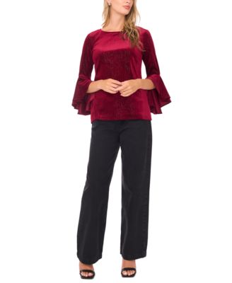Women's Velvet Crewneck Bell 3/4-Sleeve Blouse