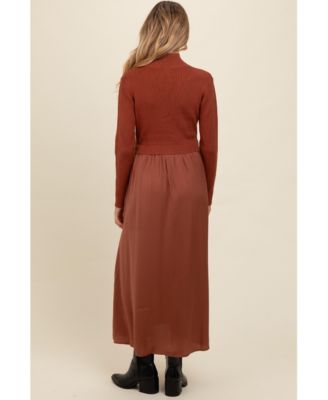 Maternity Olive Knit Contrast Top Satin Midi Dress