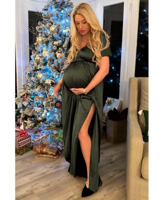 Maternity Green Side Slit Satin Maternity Maxi Dress