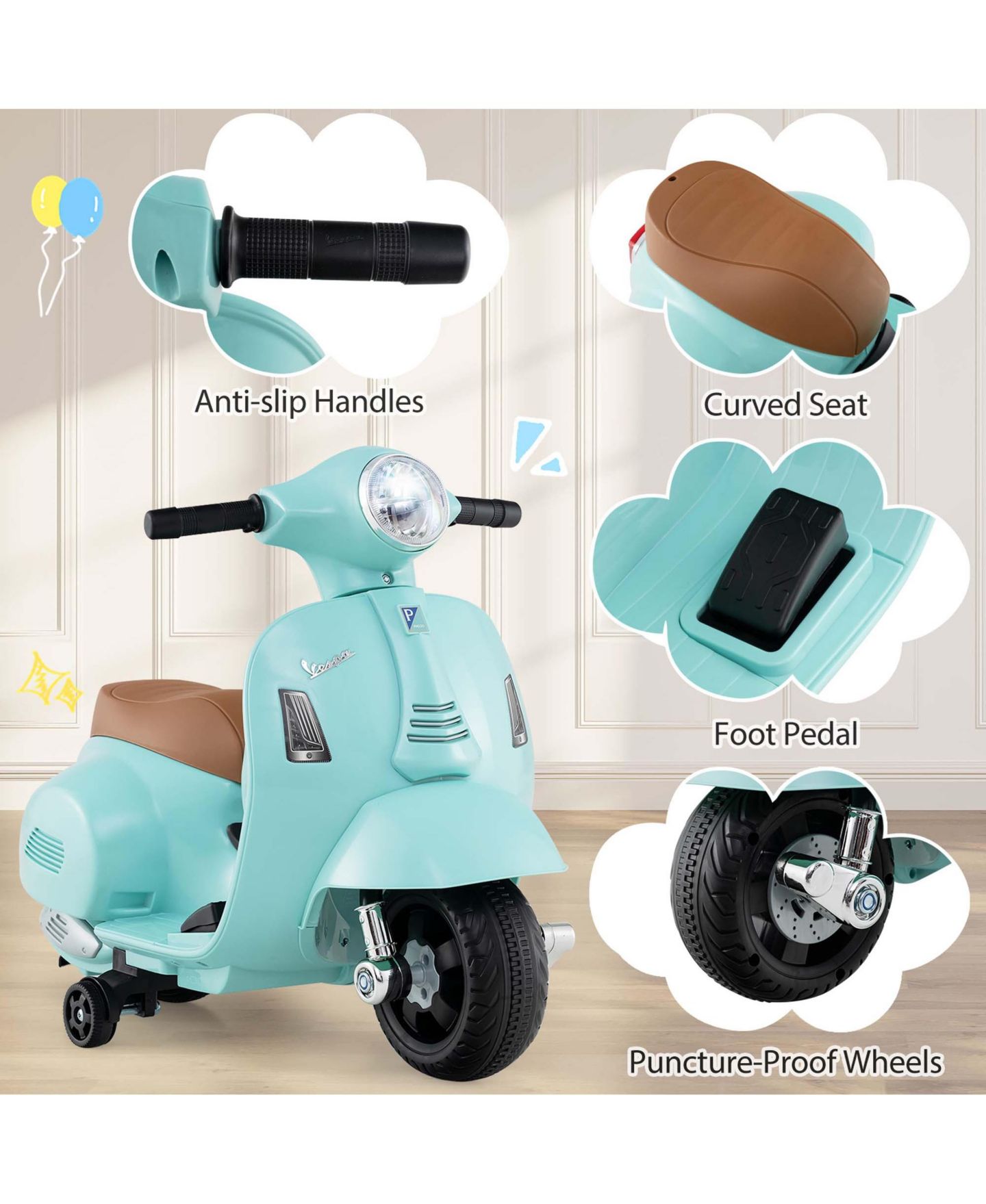 Детская игрушка Costway Vespa Battery-Powered 6V Kids Ride-On Motorcycle with Training Wheels, 55 lbs Capacity, Ages 18-36 Months, цвет: Зелёный — фото 4