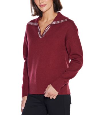 Rhinestone-Trimmed Split-Neck Sweater