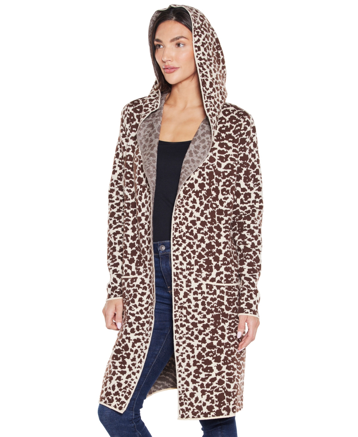 Belldini Plus Size Urban Safari Hooded Coatigan Sweater In Animal Print