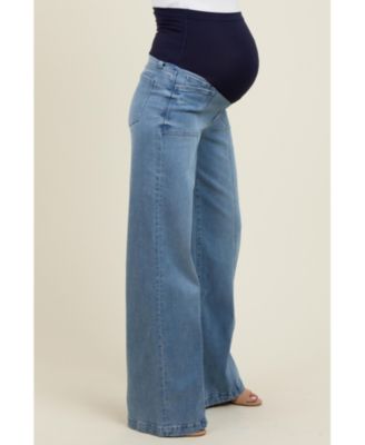 Blue Front Seam Super Wide Leg Maternity Jeans