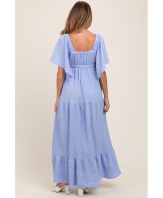 Maternity Taupe Woven Textured Flutter Sleeve V-Neck Tiered Maxi Dress