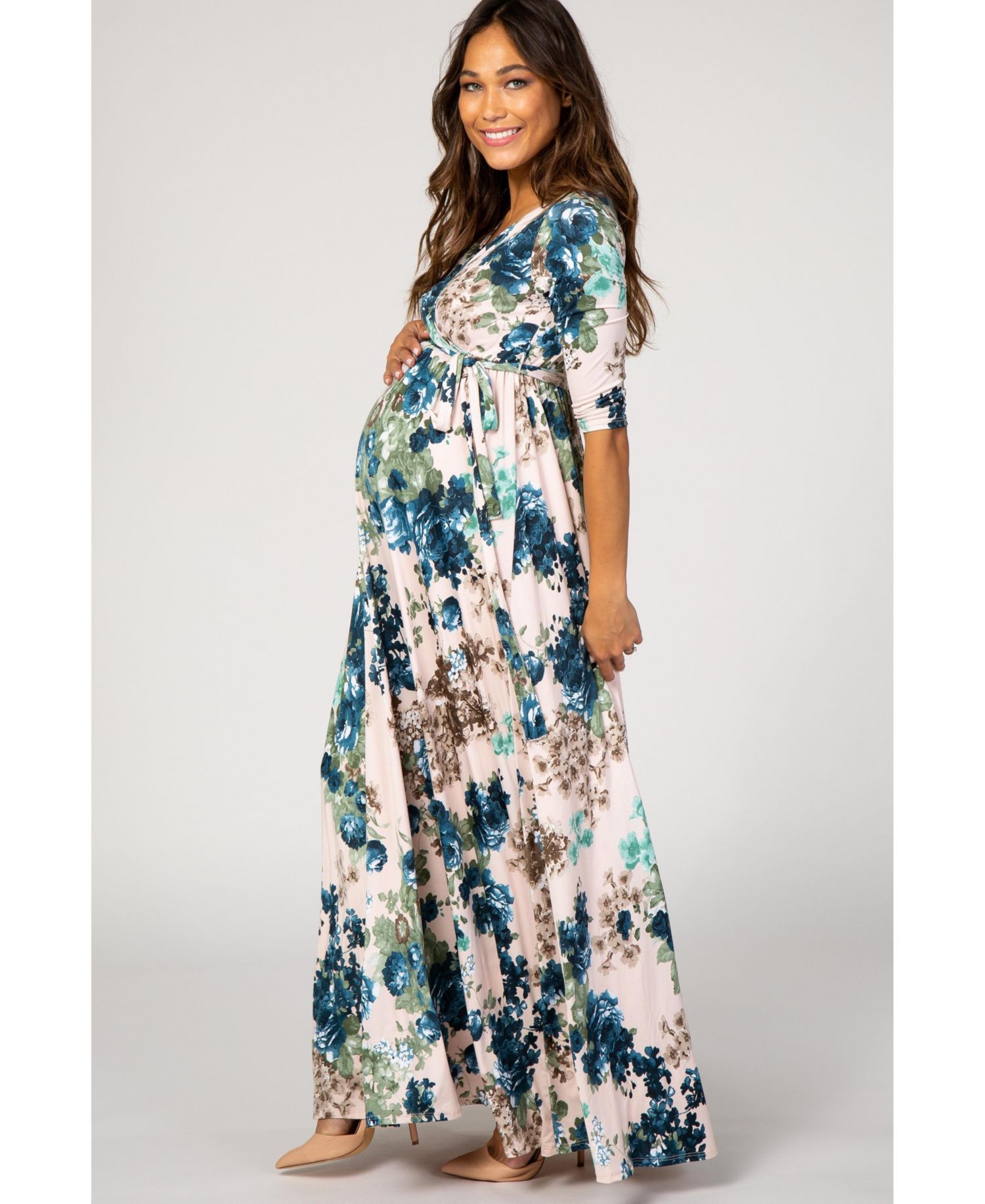 Women's Light Pink Floral Sash Tie Maternity/Nursing Dress