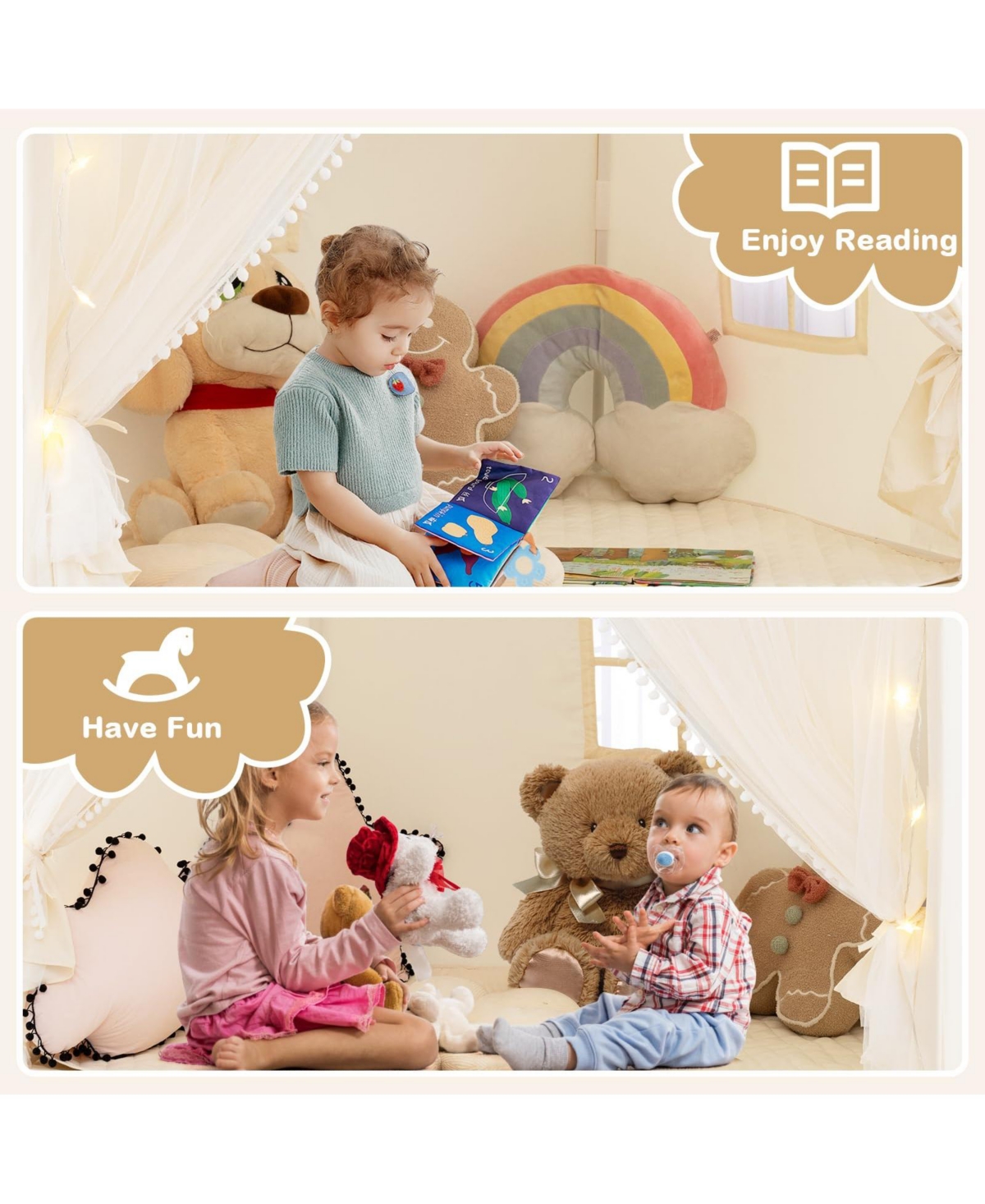 3-4 Kids Large Play Tent House with 2 Opening Doors and Star Lights