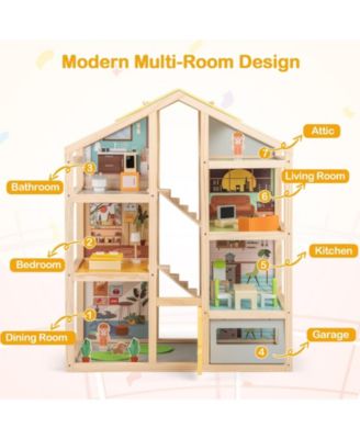 Wooden Dollhouse for Kids Modern Family Pretend Playhouse with Furniture Pieces and Figures