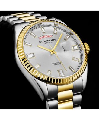 Statesman 4070 Men s Watch – Two-Tone Bracelet, Silver Dial, Day-Date Quartz, 42mm Fluted Bezel