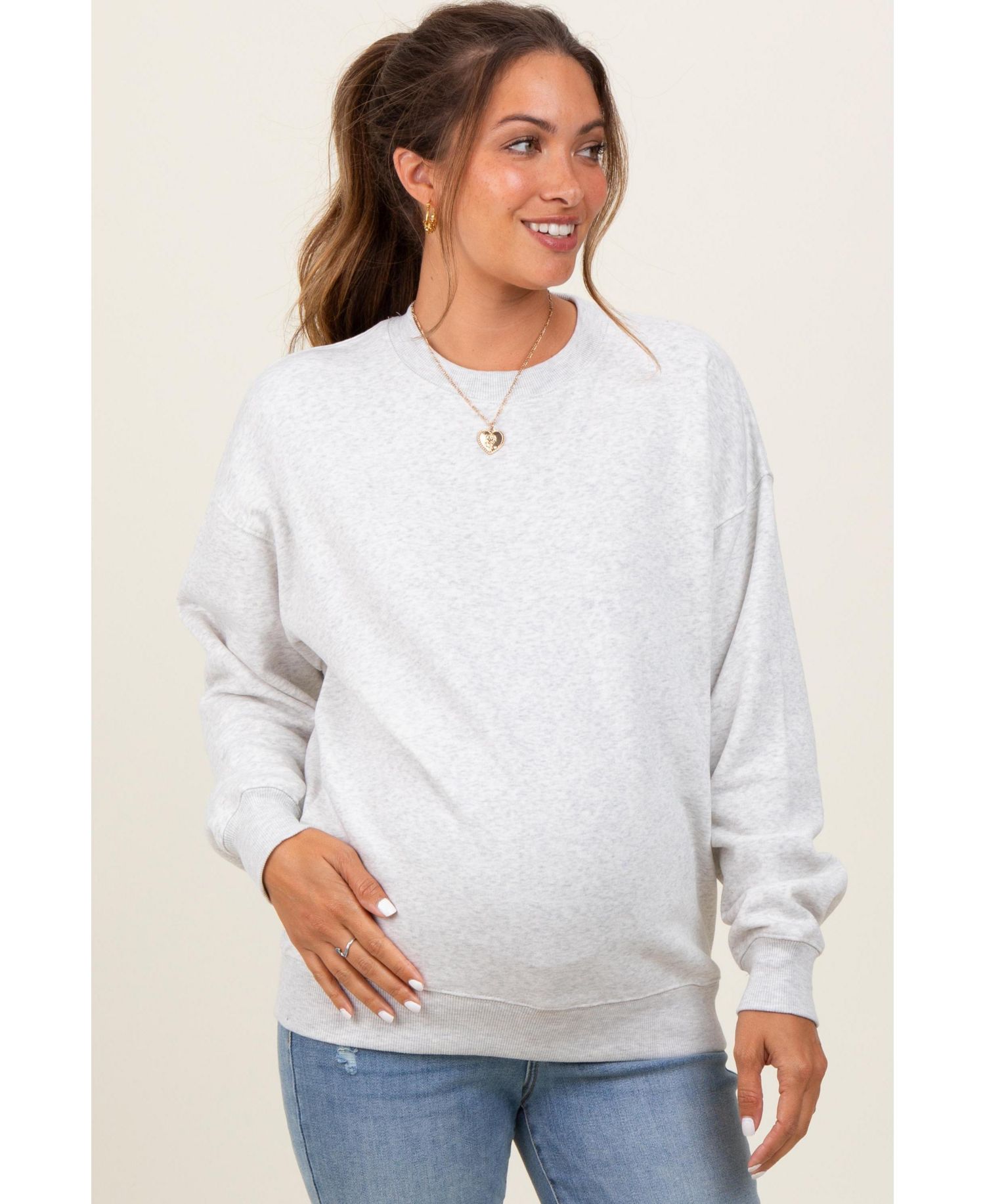 Heather Grey Fleece Crew Neck Relaxed Fit Maternity Sweatshirt