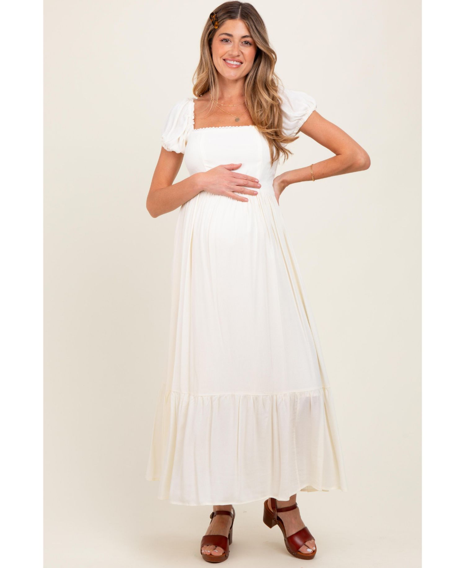 Women's Ivory Ruffle Detail Square Neck Maxi Dress