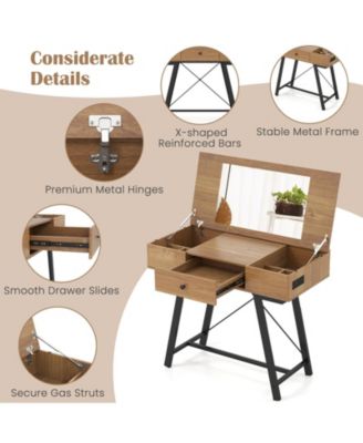 38" Flip-Top Makeup Dressing Table with Metal Frame  Charging Station & Storage Vanity Desk with Mirror,