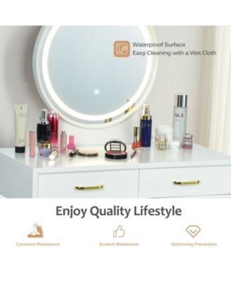 Small Vanity Desk with Mirror and Lights, Makeup Table with 4 Drawers, Vanity Stool, Round Lighted Mirror, 3 Color Modes, Dressing Table Set