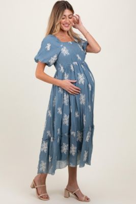 Maternity Blue Floral Print Ruffle Hem Midi Dress