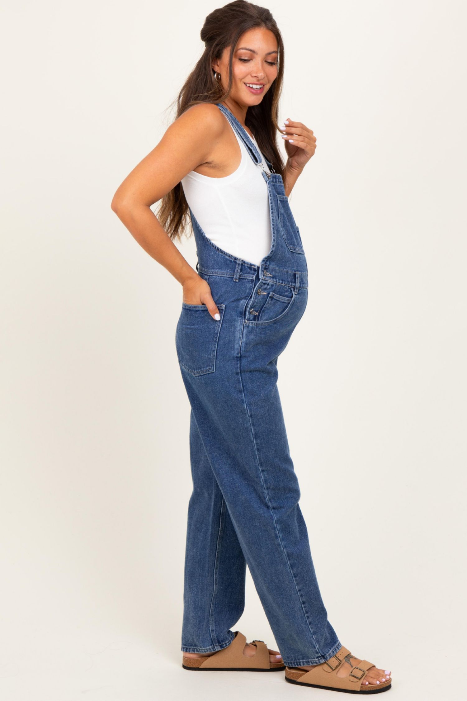 Women's Blue Wash Rolled Cuff Denim Overalls