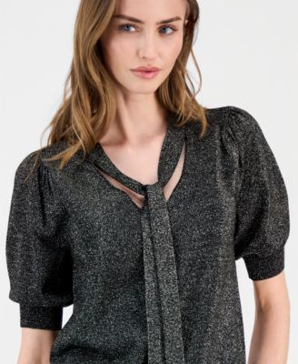 Women's Tie-Neck Elbow-Sleeve Metallic Top