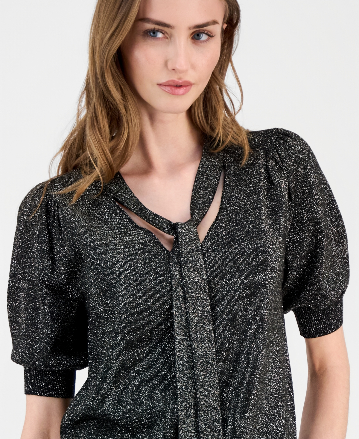 T Tahari Women's Tie-neck Elbow-sleeve Metallic Top In Black
