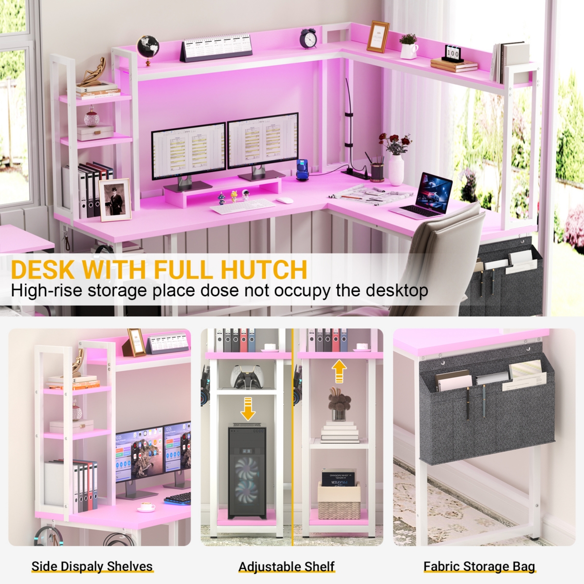 Aheaplus L-Shaped Desk with Hutch & Power Outlet, Corner Computer Desk with Led Lights