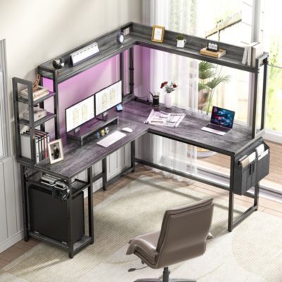 L-Shaped Desk with Hutch & Power Outlet, Corner Computer Desk with Led Lights