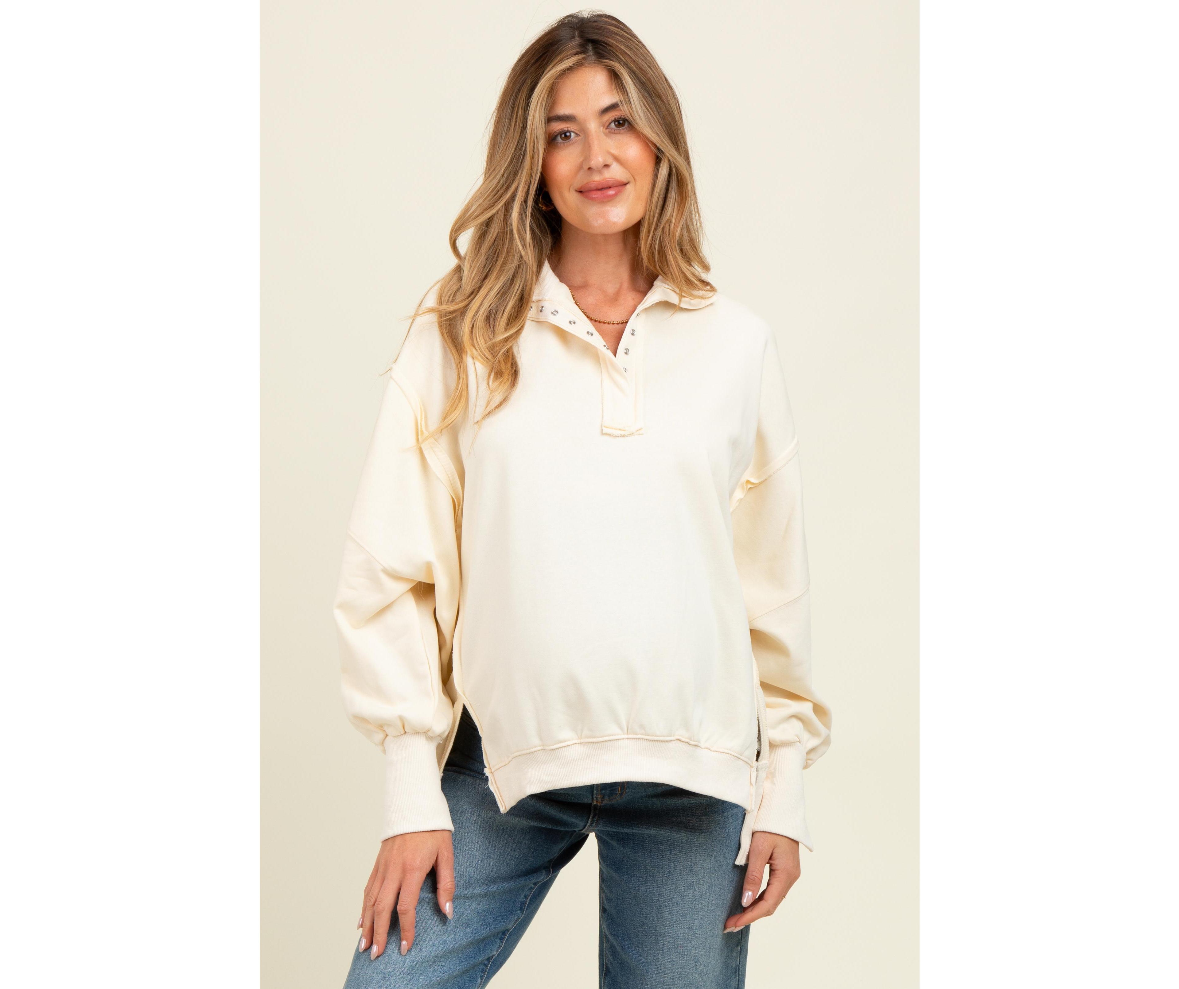 Pinkblush Maternity Cream Snap Button Pullover Henley Sweatshirt