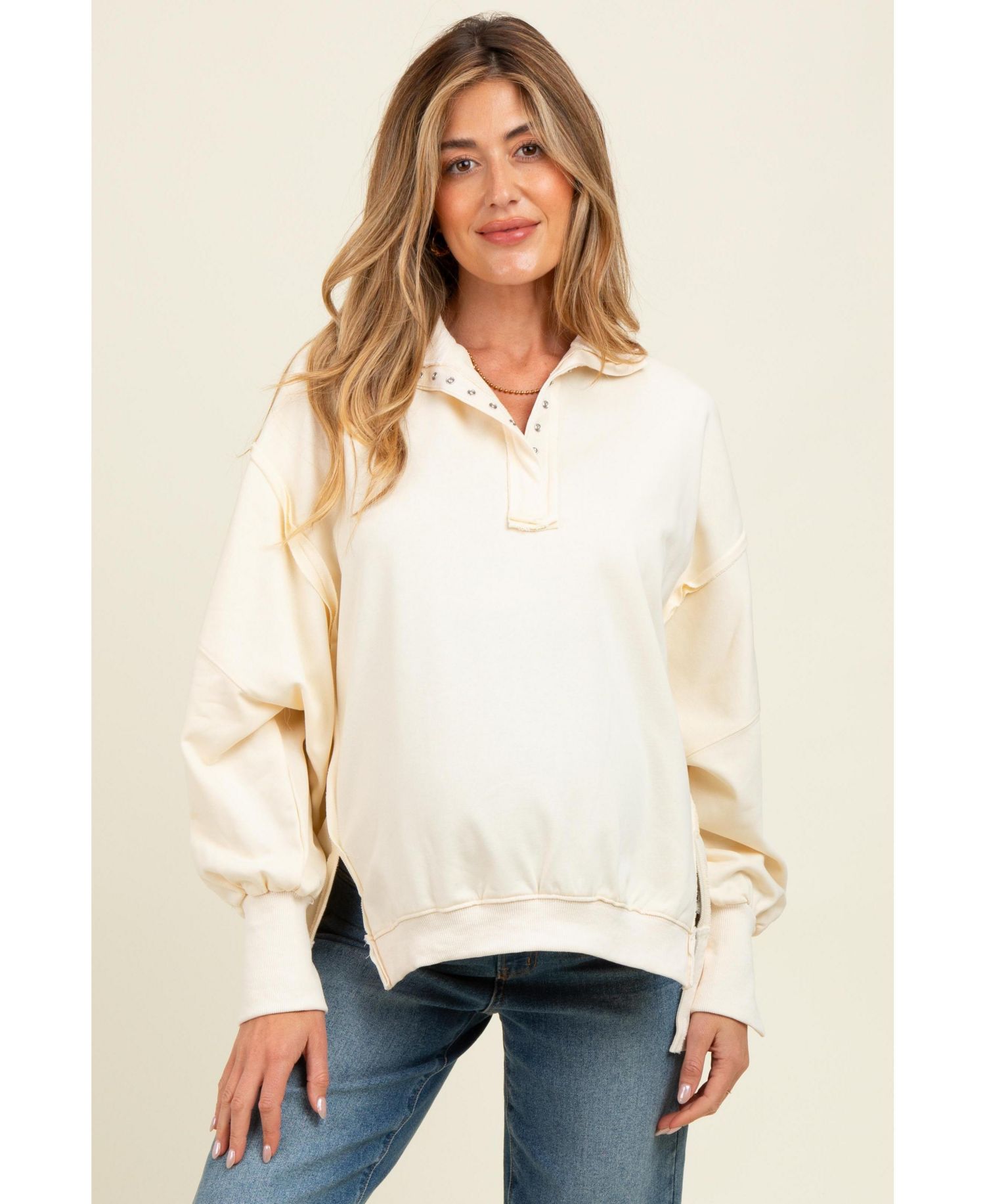 Women's Cream Snap Button Pullover Henley Sweatshirt