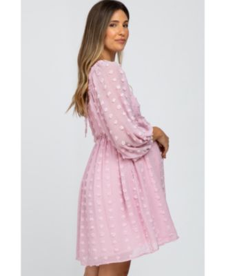Maternity Pink Textured Dot Smocked Square Neck Chiffon Dress