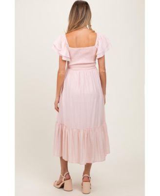 Light Pink Flutter Sleeve Maternity Midi Dress