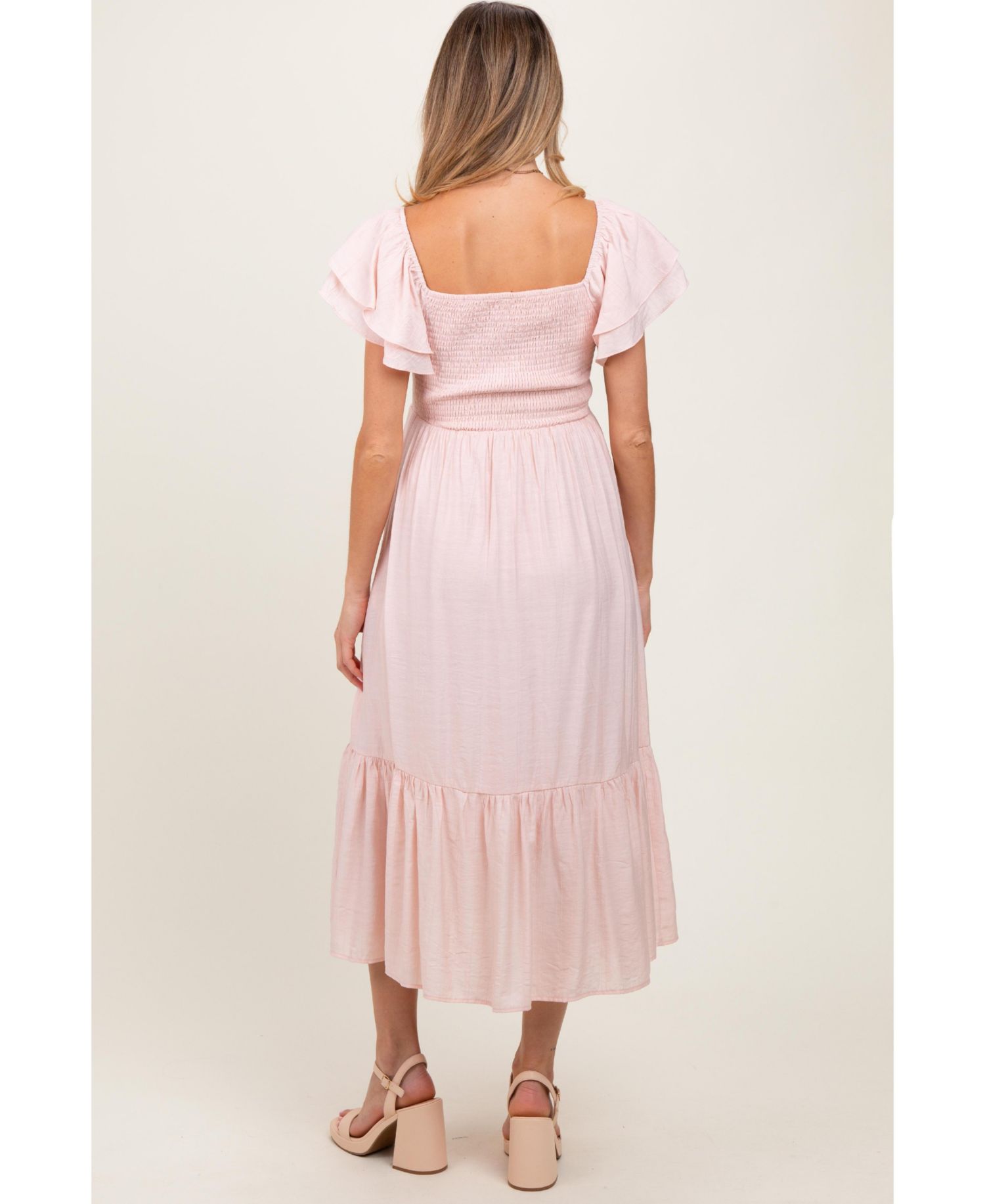 Women's Light Pink Flutter Sleeve Midi Dress