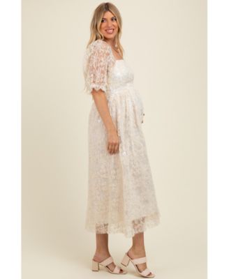 Women's Cream Floral Mesh Overlay Tie Back Maternity Midi Dress
